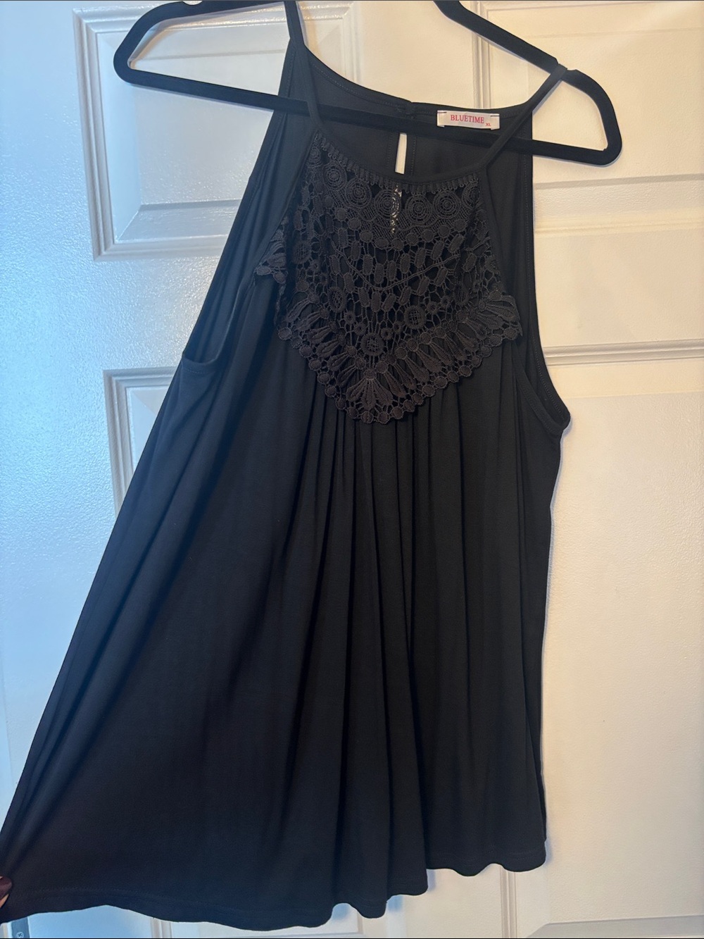 Bluetime Black Crochet-Yoke Halter Tank Top